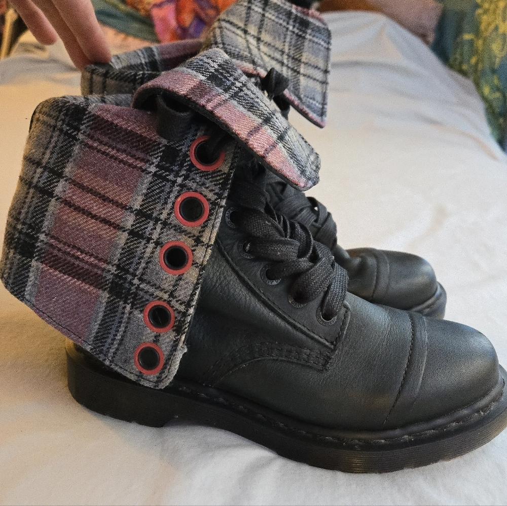 Dr. Martens Triumph Black Leather Foldover Boots with Pink Plaid Flannel Cuff